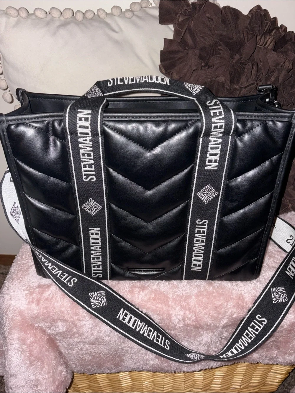 Steve Madden Black Quilted Logo Strap Tote